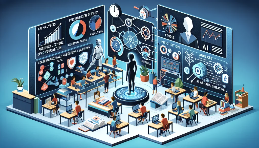 This low poly illustration captures the transformative influence of artificial intelligence on high school education. It features a futuristic classroom with a virtual assistant helping students, personalized learning modules on digital screens, virtual reality simulations, and AI-based assessment charts. The image also symbolizes ethics and responsibility in AI's incorporation through a yin-yang or balance scale symbol, showcasing the innovative wave AI is bringing in the educational sector.