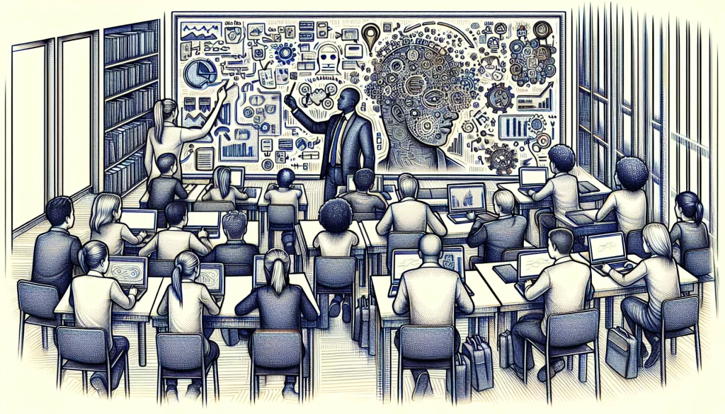 An intricate mono-linear art piece showcasing a classroom setting with students of diverse descents engaged in personalized learning experiences. Each student is shown interacting with unique educational tools that cater to their individual learning styles. Symbols of data analysis and real-time feedback are subtly incorporated to emphasize the role of artificial intelligence in education.