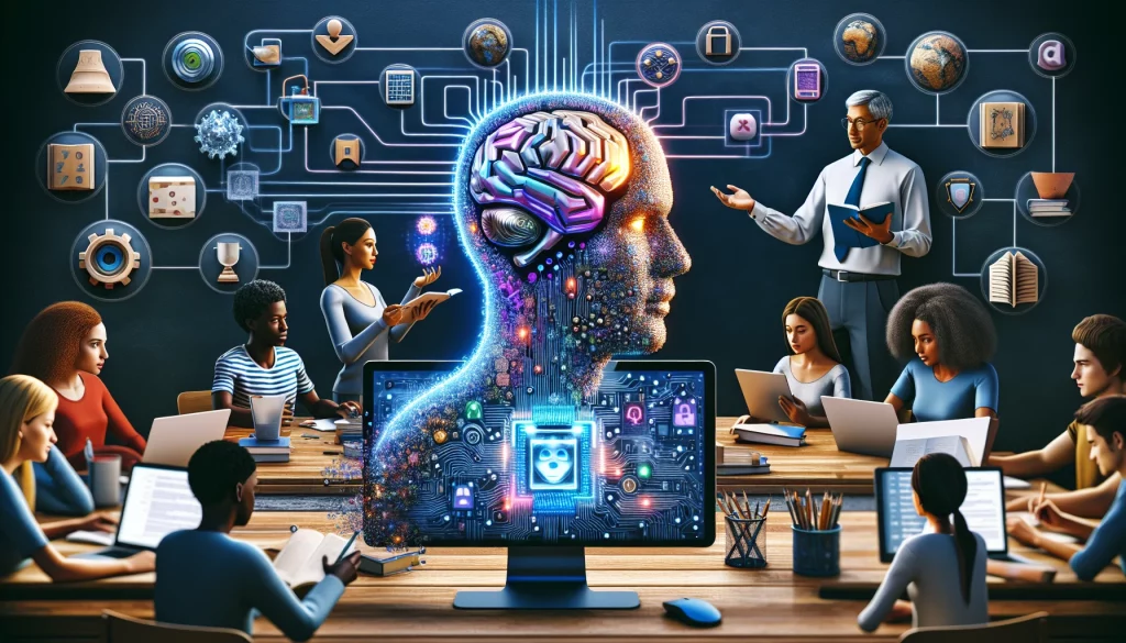 This captivating image depicts a South Asian male teacher utilizing AI tools on an interactive whiteboard, surrounded by a diverse group of students engaging with technology-driven educational resources. The scene symbolizes the fusion of tradition and innovation, showcasing AI's pivotal role in personalizing educational material production.