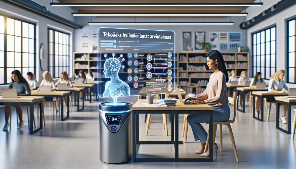 An image showcasing a South Asian female teacher collaborating with a high-tech AI system in a modern classroom, emphasizing the use of data-driven assessment methods for personalized feedback. The scene is filled with advanced educational tools, with the AI system displayed as an interactive digital screen showing student insights. The caption 'Tekoälyä hyödyntävät arviointimenetelmät' highlights the focus on AI in education.