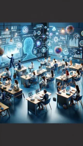 Step into the future of education with this 3D illustration of a high-tech classroom filled with diverse students interacting with AI tools for personalized learning. From analytics dashboards to smart boards and AI teaching assistants, this vibrant scene showcases the seamless integration of technology and education.