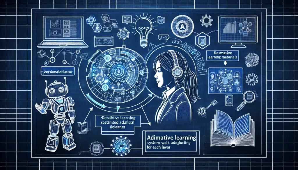 This blueprint-style image showcases a futuristic robotic tutor, personalized learning materials, and an adaptive learning system. The Asian female student is engaged in interactive learning, highlighting the fusion of customization and technology in education.