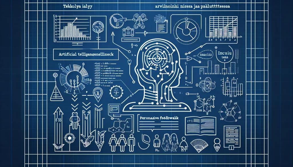 This blueprint-style image showcases the use of artificial intelligence for student assessment and feedback. It includes an outline of an AI coding structure, graphs representing performance analysis, personalized feedback inscriptions, and inclusive elements symbolizing innovation in a high school setting. The Finnish text 'Tekoäly arvioinnissa ja palautteessa' meaning 'Artificial intelligence in assessment and feedback' is also incorporated.