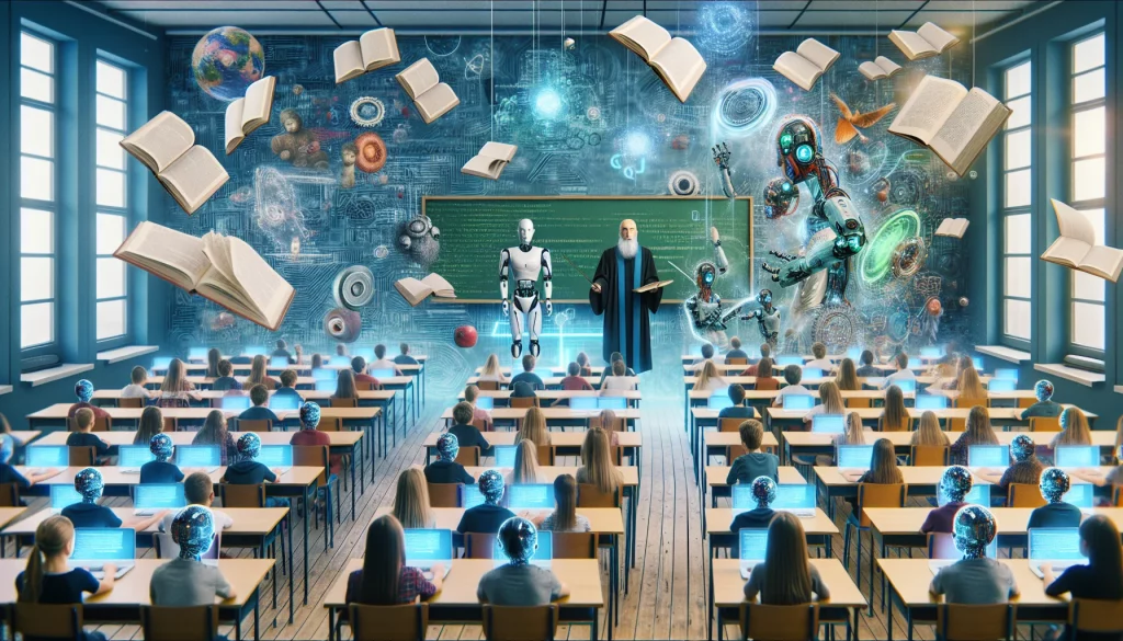 This surreal image captures the juxtaposition of the future and the past in education, with a robotic instructor leading a diverse group of students in a classroom defying gravity. The scene is filled with floating textbooks and digital screens displaying intricate code, symbolizing the promise of AI in education. However, hints of discomfort are present, emphasizing the potential ethical pitfalls. The Finnish phrase 'Tekoälyn eettiset näkökulmat' subtly weaves into the picture, adding to its surreal ambiance.