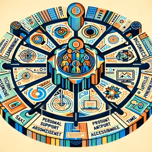 This abstract geometric art piece showcases the positive impact of artificial intelligence in education by symbolizing individual learning, personal support, data analysis, prompt assessment, personalization, engagement, accessibility, and time-saving features through a variety of geometric shapes.