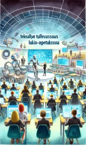 This watercolor painting captures a futuristic classroom setting where high school students of diverse backgrounds are engaging with AI technology. Robotic teaching assistants, AI-driven smart boards, virtual reality learning environments, and predictive algorithms are depicted, showcasing the possibilities and challenges of integrating AI in education. The artwork provides a glimpse into innovative and transformative methods of learning that AI technology can bring to high school education.