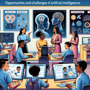 Step into a futuristic classroom where AI-powered learning tools coexist with human interaction. Students of diverse backgrounds are supported by personalized AI assistants while a teacher engages in a warm conversation. Witness the potential of AI in education, ethical dilemmas, and the blend of technology and humanity.